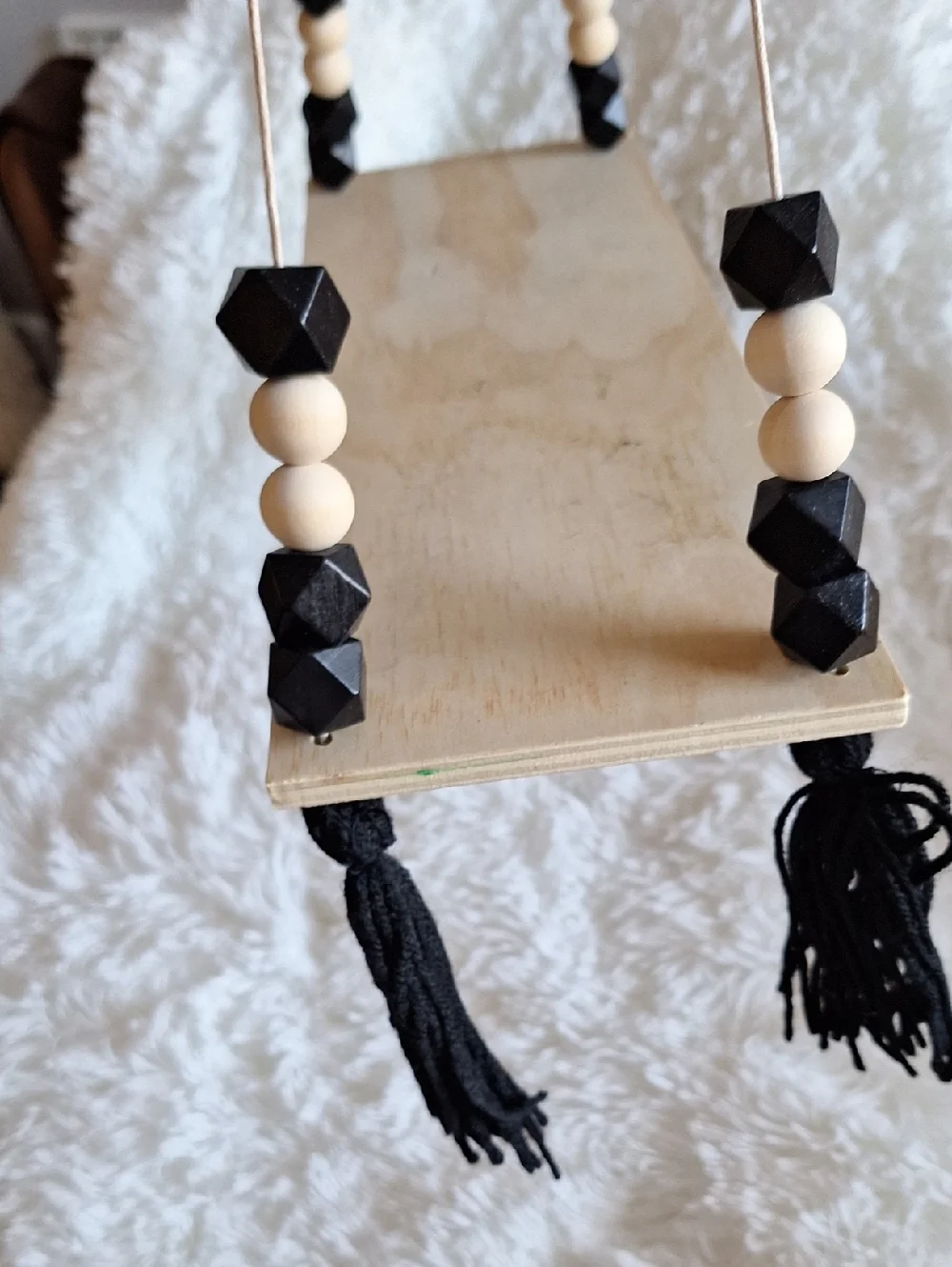 NIP Black and Natural Wood Beaded Hanging Shelf with Tassels, Set of 2